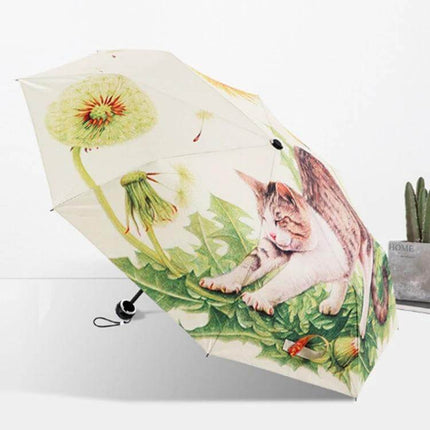 Cat Pattern Folding Umbrella for Sun and Rain Protection with playful cat and dandelion print, compact portable UPF40+ sun and rain shield