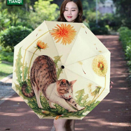Cat Pattern Folding Umbrella for Sun and Rain Protection with playful cat and dandelion print, UPF 40+ compact portable design