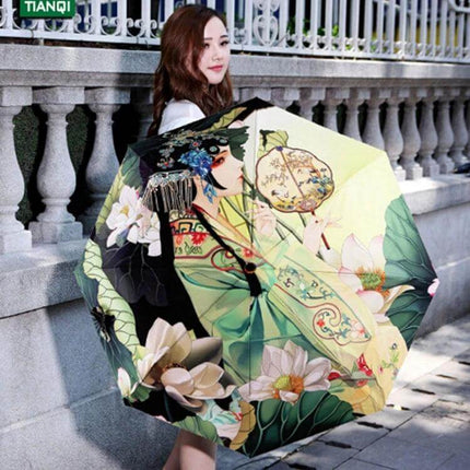 Folding Umbrella with UV Protection for Sun and Rain Use - decorative floral Asian art print, UPF 50+ UV-blocking folding umbrella