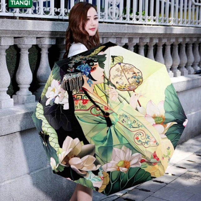Folding Umbrella with UV Protection for Sun and Rain Use - decorative floral Asian art print, UPF 50+ UV-blocking folding umbrella