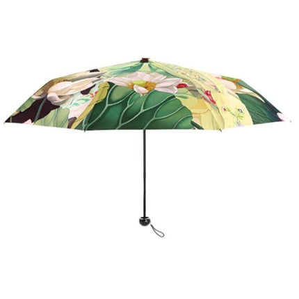 Folding Umbrella with UV Protection for Sun and Rain Use — compact floral-print umbrella with UPF 50+ silver coating for sun and rain protection