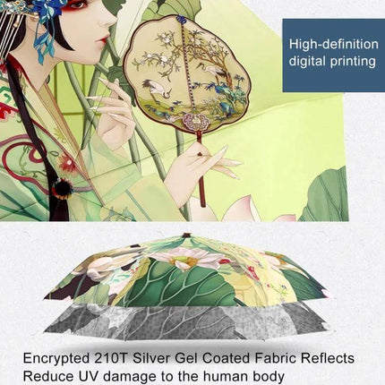 Folding Umbrella with UV Protection for Sun and Rain Use featuring UPF50+ silver gel coated fabric and high-definition digital print