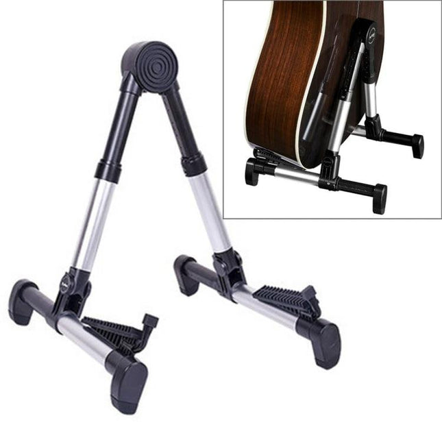 Guitar and Ukulele Stand for Home Music Practice Sessions holding acoustic guitar securely on floor to prevent scratches and falls