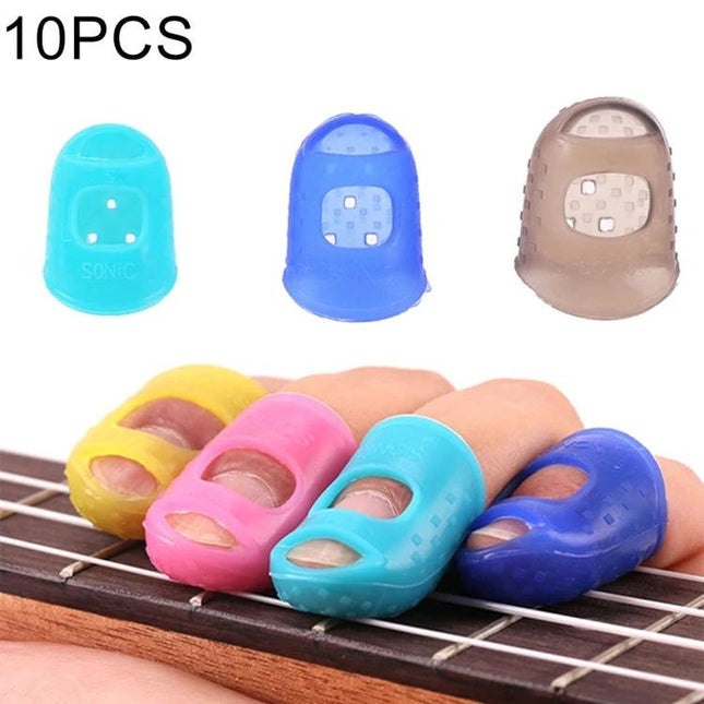 Protective Silicone Finger Caps for Daily Instrument Practice shown in colorful silicone caps on guitar strings protecting fingertips