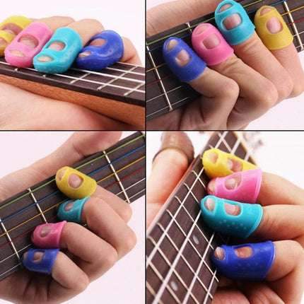 Finger Protectors for Daily Guitar and Ukulele Practice silicone finger caps in blue pink yellow protecting fingertips during chord practice