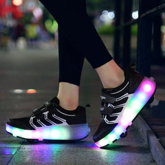 Rechargeable LED Light-Up Roller Skating Shoes with Ultra Light Mesh, Double Wheel Design - Size 27