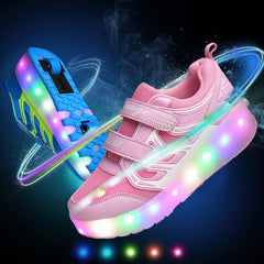 Rechargeable LED Light-Up Double Wheel Roller Skating Sneakers - Size 28