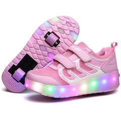 Rechargeable LED Light-Up Double Wheel Roller Skating Sneakers - Size 28