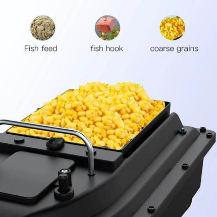 GPS RC Fishing Boat With Double Motors For Outdoor Use EU Plug showing bait hopper filled with coarse grains and fish feed