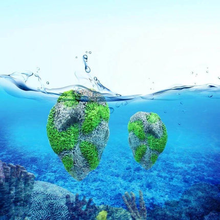 Floating Pumice Stone Aquarium Ornament, Large 13x21 cm floating resin stone with green moss accents suspended at adjustable depth