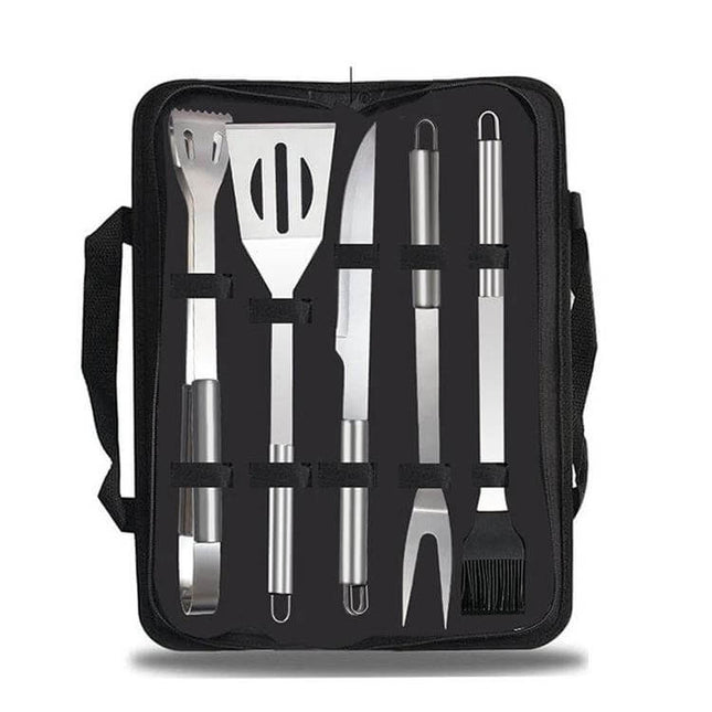 5 In 1 Outdoor Tableware Set Stainless Steel Camping Kit - stainless steel five-piece camping utensil kit in polyester carry bag