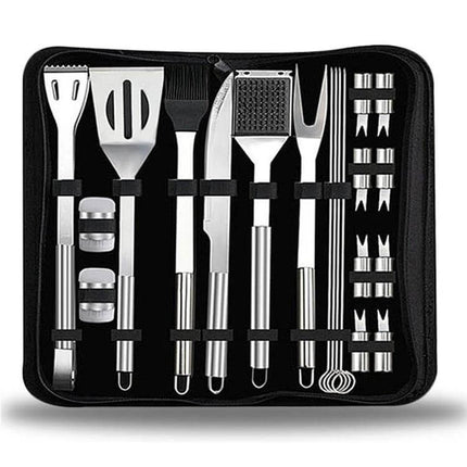 Outdoor 20-in-1 Camping Tableware Set for Picnics and Barbecues stainless steel utensils in a compact black polyester carry bag