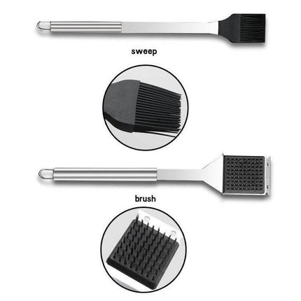 Alt Tag: Outdoor 20-in-1 Camping Tableware Set for Picnics and Barbecues stainless steel brush and silicone basting brush on white background