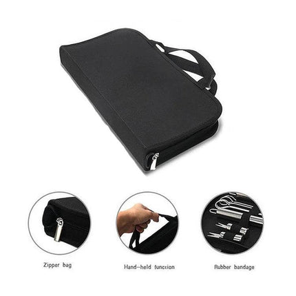 Outdoor 20-in-1 Camping Tableware Set for Picnics and Barbecues compact black zippered carry bag with handles and organized stainless steel utensils