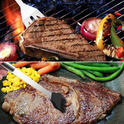 Outdoor 20-in-1 Camping Tableware Set for Picnics and Barbecues shown with grilled steak, vegetables, and stainless steel utensils in a carry bag