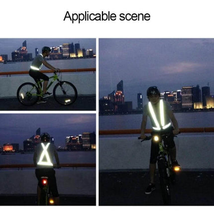 Reflective Neon Green Safety Vest for Night Running and Riding shown on cyclist at dusk with bright reflective strips increasing visibility