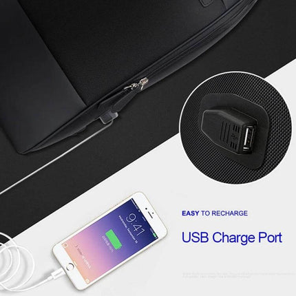 Bopai Waterproof Anti-Theft Large Capacity Shoulder Bag showing external USB charge port and phone being charged, water-resistant everyday anti-theft design