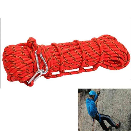 Climbing Auxiliary Rope 20m For Outdoor Use And Safety - red 10mm polyester rope coiled with carabiner, for lightweight gear and basic outdoor safety tasks