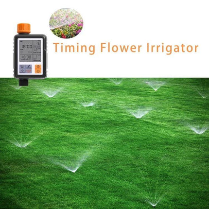 Universal LCD Sprinkler Controller for Outdoor Garden Irrigation showing programmable LCD timer and sprinklers on a green lawn
