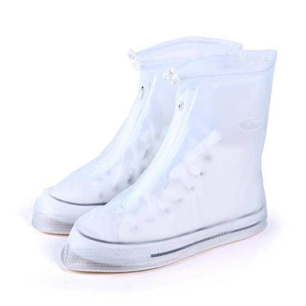 Alt Tag: Waterproof PVC Shoe Cover for Everyday Rain Protection, Size XXXL shown on white sneakers with front zipper and waterproof sole