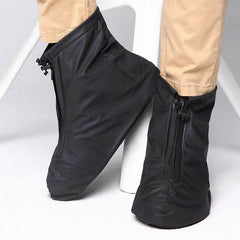 Durable Waterproof Non-Slip Thick-Soled PVC Shoe Cover in Size L shown on feet with inner zipper and thick non-slip sole