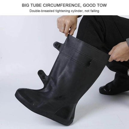 Adult XXL High Tube Shoe Cover for Rain and Snow Protection showcasing black waterproof high-tube cover being stretched over shoe for outdoor use