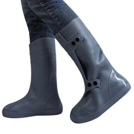Waterproof High Tube Shoe Cover for Adults, Size XXXL shown on model with waterproof high-tube design for rainy commutes and wet weather protection