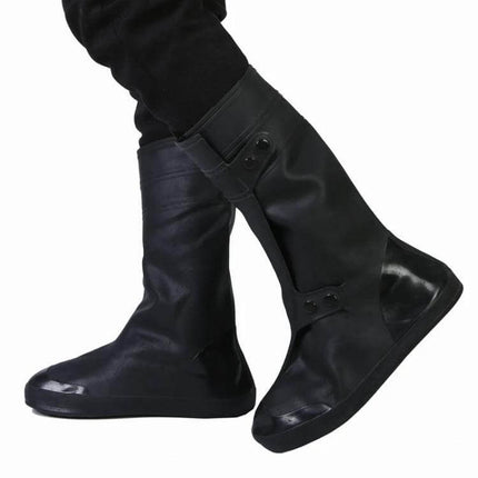 Waterproof Adult Shoe Cover for Rain and Snow Protection, Size XXXXL shown on black boots protecting shoes from wet and slippery conditions