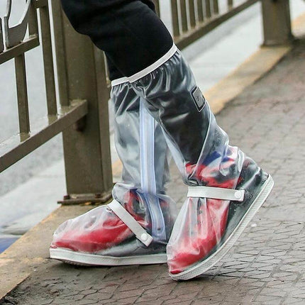 Waterproof and Snowproof Rain Shoes for Hiking and Cycling shown on feet with clear protective overshoes for wet and snowy outdoor use