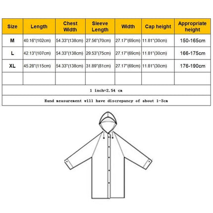 Lightweight Transparent EVA Raincoat for Adults with Big Hat and Pocket size chart and hooded sketch showing measurements for M L XL