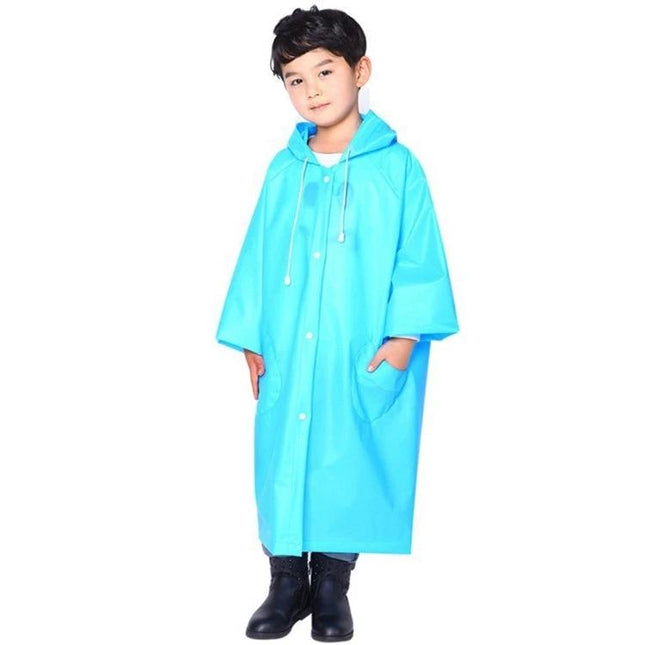 Lightweight Children's Transparent Raincoat with Big Hat, Size XL - boy in blue EVA raincoat with large hood protecting from rain
