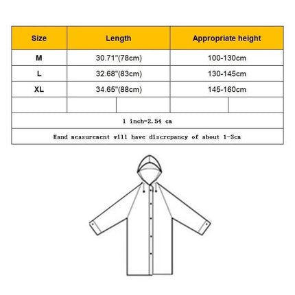 Lightweight Children's Transparent Raincoat with Big Hat, Size XL size chart and garment sketch showing 34.65in (88cm) length for XL