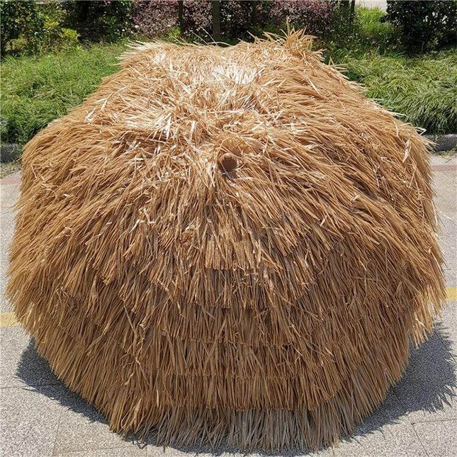 Large 2-Meter Imitation Straw Umbrella for Beach Shade - round synthetic straw beach umbrella providing portable sun protection and easy manual setup
