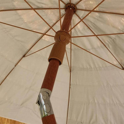 Large 2-Meter Imitation Straw Umbrella for Beach Shade showing underside view of wooden pole, ribs and fabric canopy ready for beach or backyard use