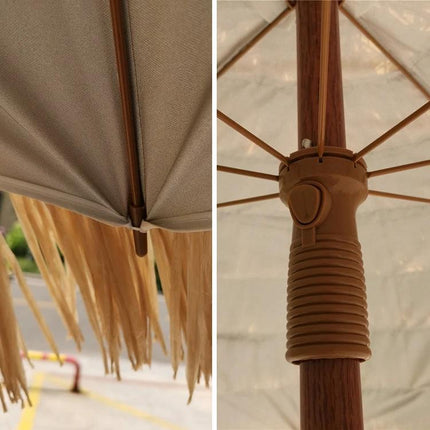 Large 2-Meter Imitation Straw Umbrella for Beach Shade showing close-up of synthetic straw fringe and manual wooden pole mechanism