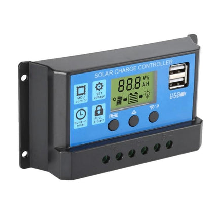 Solar Charge Controller with LED Display for Battery Charging - compact PWM regulator with LCD status, USB ports, and terminals for RVs and off-grid systems