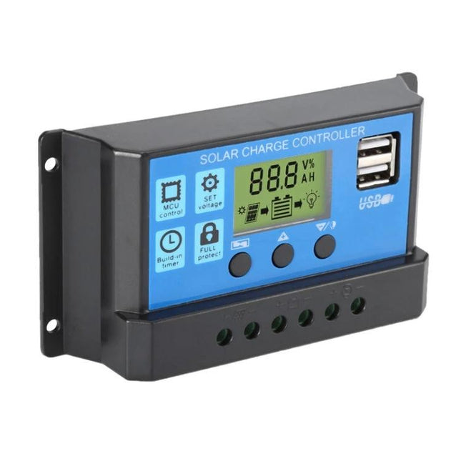 Solar Charge Controller with LED Display for Battery Charging - compact PWM regulator with LCD status, USB ports, and terminals for RVs and off-grid systems