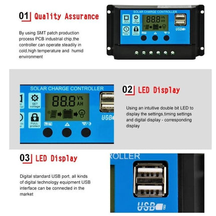 Solar Charge Controller with LED Display for Battery Charging - compact regulator with LCD status screen and USB ports for RVs, cabins, off-grid systems