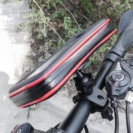 OKD Waterproof Bicycle Phone Mount Bag For On The Go Rides M L XL mounted on bike handlebar showing waterproof case with red trim and quick-access zip pocket