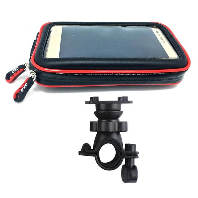 OKD Waterproof Touch Screen Phone Bag For Motorcycle And Bicycle mounted phone case with red trim and aluminum alloy bracket for bike handlebars
