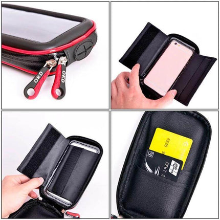 OKD Waterproof Touchscreen Phone Bag Bracket for Motorcycle S XL showing zipper, touchscreen cover, card slots and phone storage
