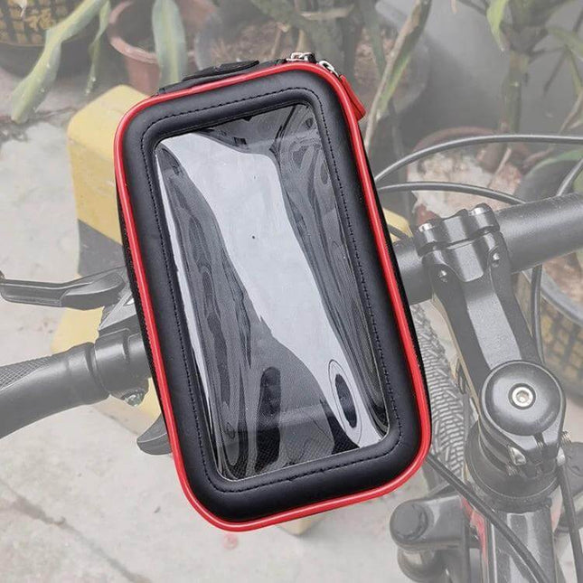 OKD Waterproof Touchscreen Phone Bag Bracket for Motorcycle S XL mounted on bike handlebar with clear touchscreen cover and zipper