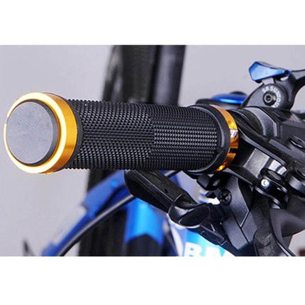 OQSPORT Bike Hand Grips Anti Slip for Comfortable Daily Rides - black textured rubber grips with gold alloy end caps on city bike handlebar