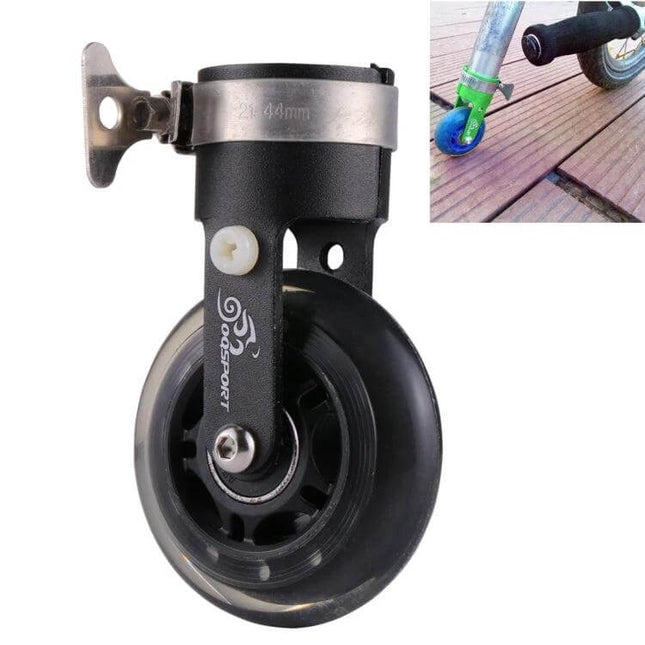 OQSPORT Folding Bicycle Booster Wheel For Easy Transit attached to seatpost showing black rolling booster wheel for folded bike