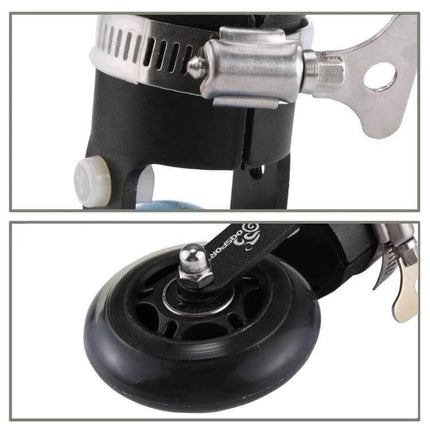OQSPORT Folding Bicycle Booster Wheel For Easy Transit attached to seatpost showing clamp and small rolling wheel