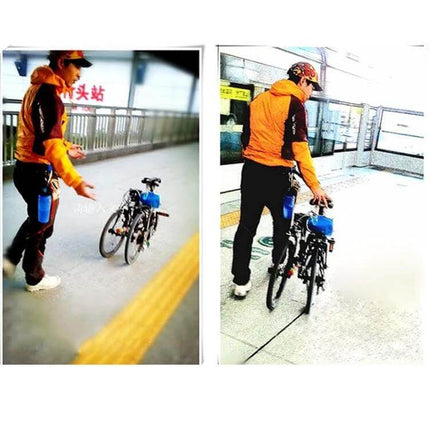 OQSPORT Folding Bicycle Booster Wheel For Easy Transit attached to seatpost rolling folded bike through train station platform