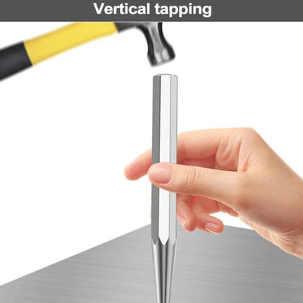 Octagonal Center Punch Locator For Precise Marking held vertically for tapping on metal surface, octagonal grip for stable, accurate center marking
