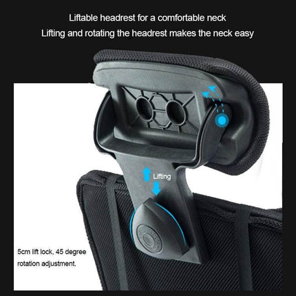 Office Chair for Home and Esports With Reclining Footrest breathable mesh liftable wrapped headrest showing lift and rotation adjustment