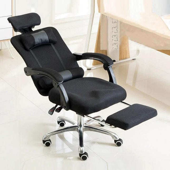 Office Chair for Home and Esports With Reclining Footrest in black mesh with wrapped headrest and adjustable armrests