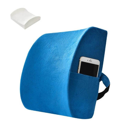 Office Waist Cushion Car Pillow Memory Foam Gel For Home Use - blue lumbar support pillow with strap and side pocket holding phone, contoured cooling gel design